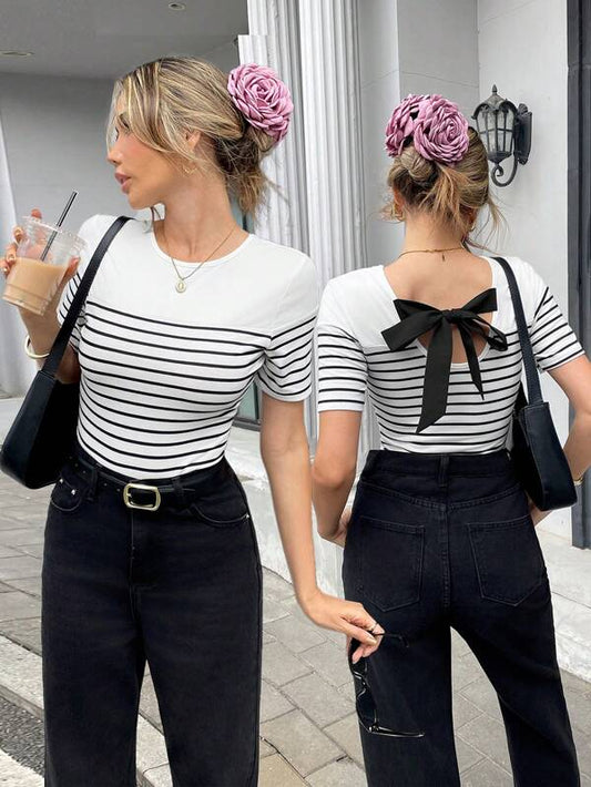 French Striped Backless Short Sleeve T-Shirt