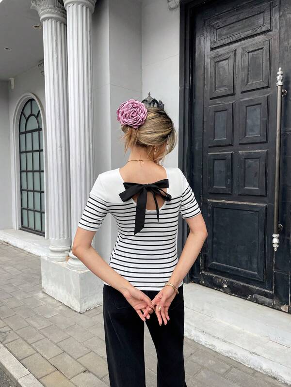 French Striped Backless Short Sleeve T-Shirt