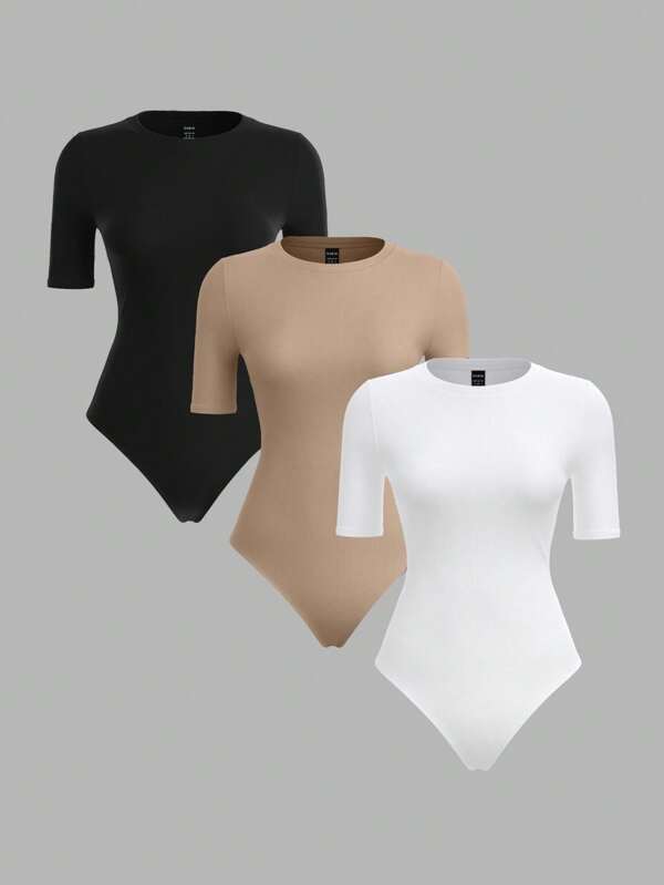 3pcs Solid Color Crew Neck Short Sleeve Fitted Bodysuit