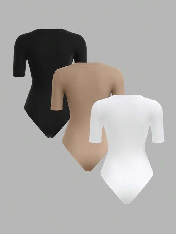 3pcs Solid Color Crew Neck Short Sleeve Fitted Bodysuit
