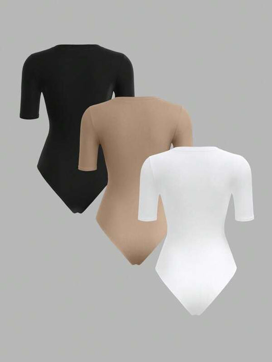 3pcs Solid Color Crew Neck Short Sleeve Fitted Bodysuit