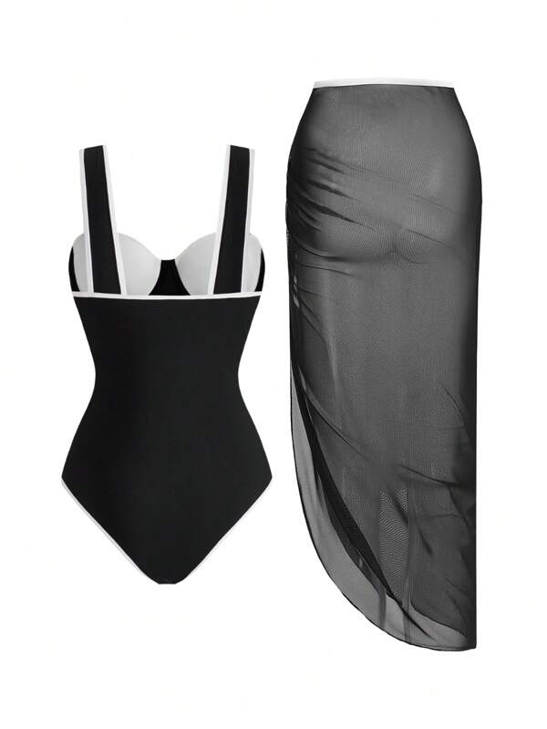 Solid Colour One Pieces Swimsuit+ Skirt
