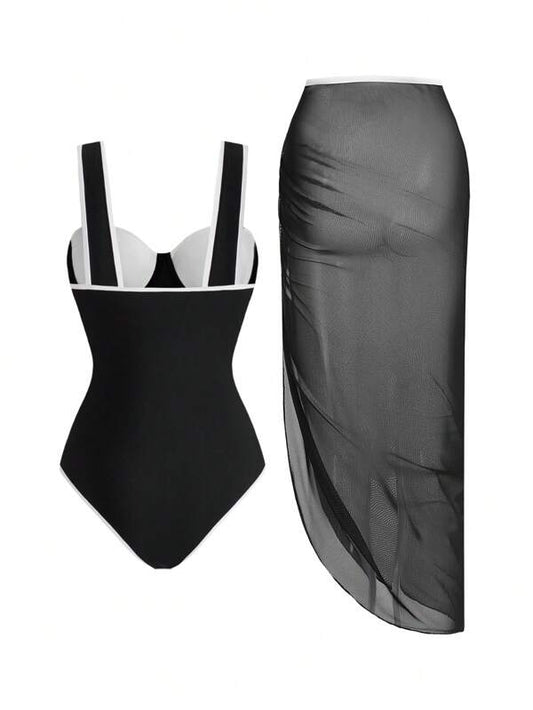 Solid Colour One Pieces Swimsuit+ Skirt