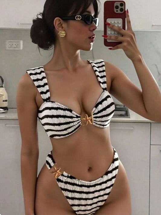 Ruffled Striped Texture Fabric Bikini