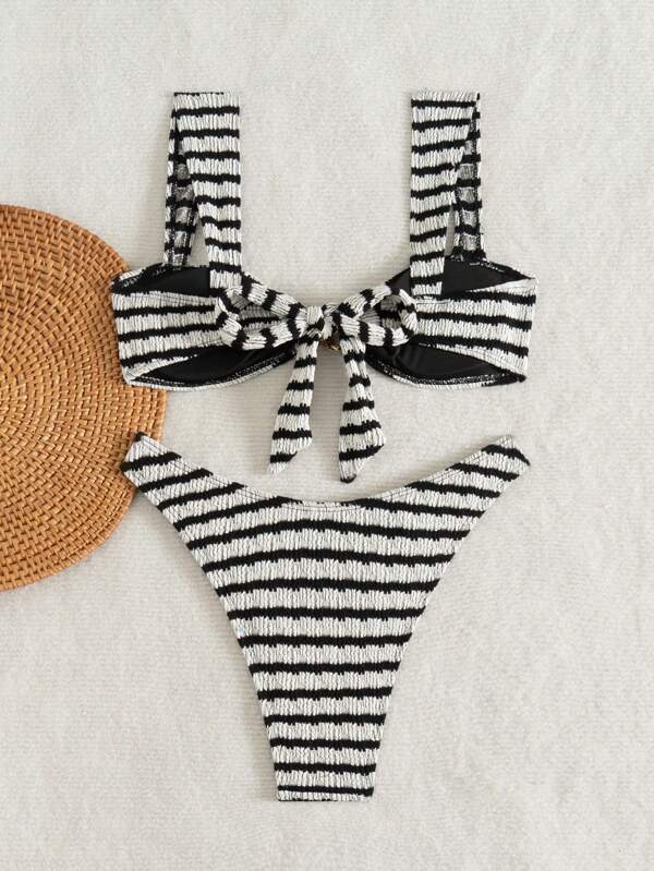 Ruffled Striped Texture Fabric Bikini