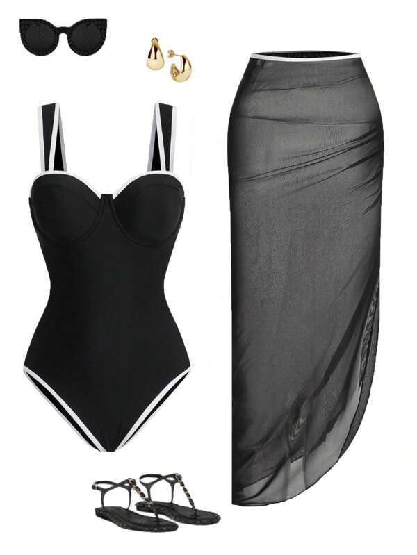 Solid Colour One Pieces Swimsuit+ Skirt