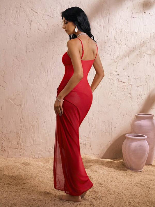 2 Pieces Plain Spaghetti Strap Starfish Decor Maxi Skirt & One Piece Swimsuit