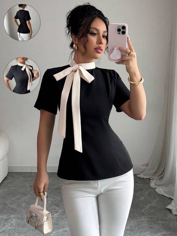 Bowknot Decoration Solid Color Blouse