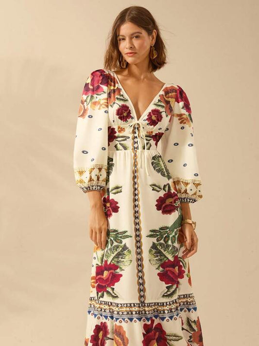 Bohemian Floral Print Long Sleeve Dress