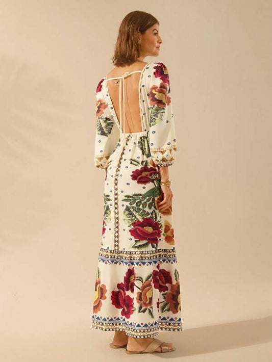 Bohemian Floral Print Long Sleeve Dress