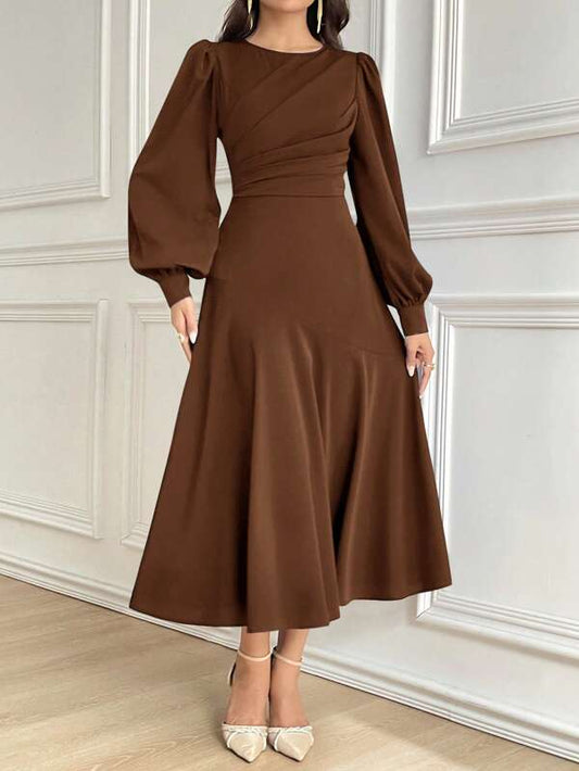 Solid Color Lantern Sleeve Midi Dress