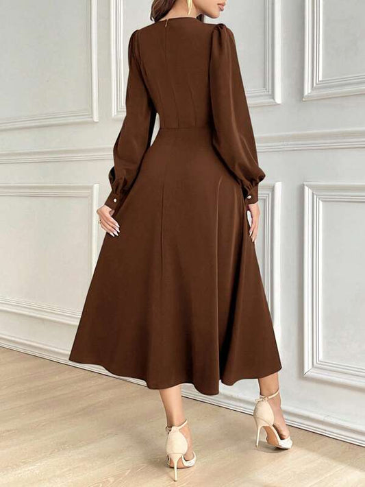 Solid Color Lantern Sleeve Midi Dress
