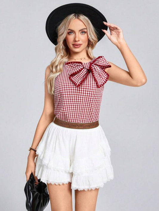 Casual Lace-Up Plaid Sleeveless Shirt