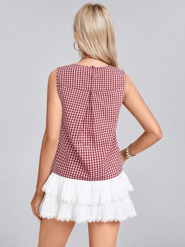 Casual Lace-Up Plaid Sleeveless Shirt