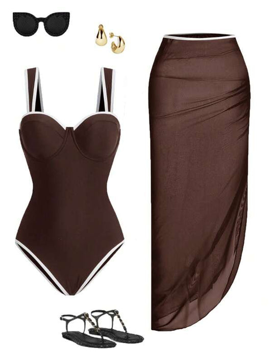 Solid Colour One-Piece Swimsuit+ Skirt