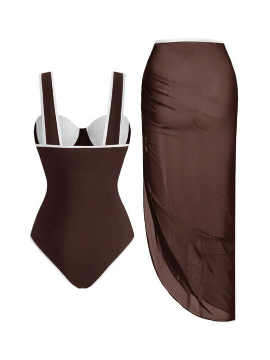 Solid Colour One-Piece Swimsuit+ Skirt