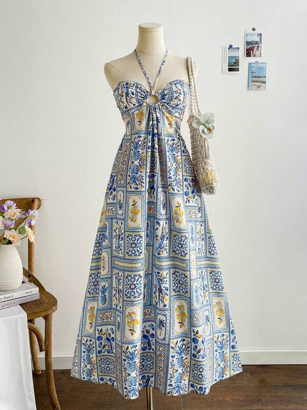 Halter Backless Self-Tie Waist Flare Dress