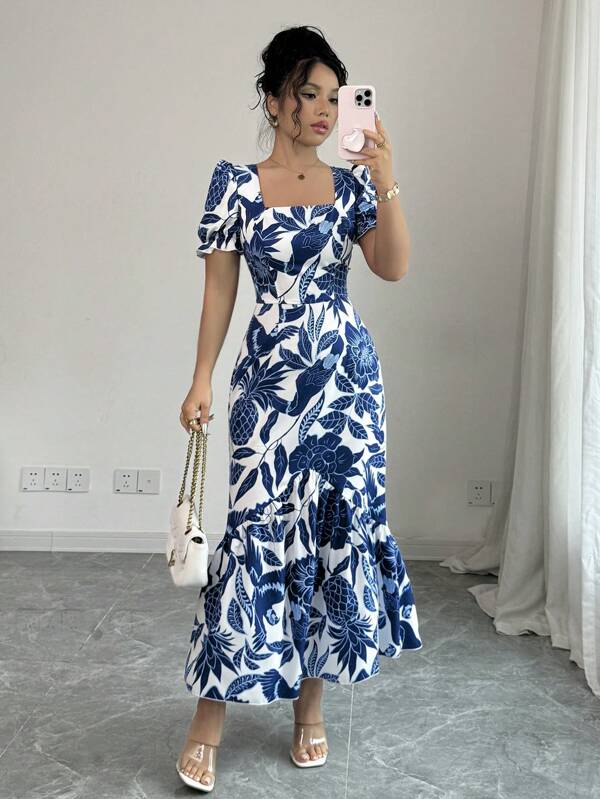 Square Neck Short Sleeve Floral Print Ruffle Hem Casual Dress
