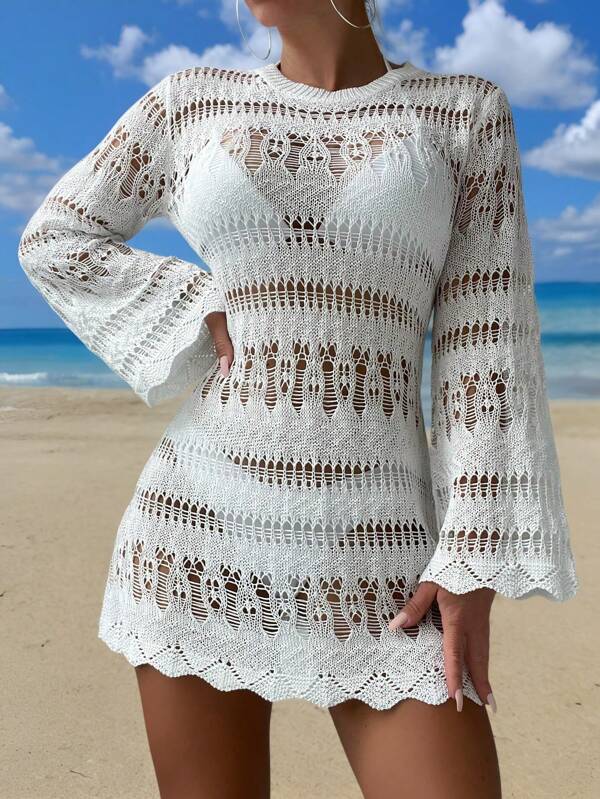 Scallop Trim Flounce Sleeve Cover Up Dress