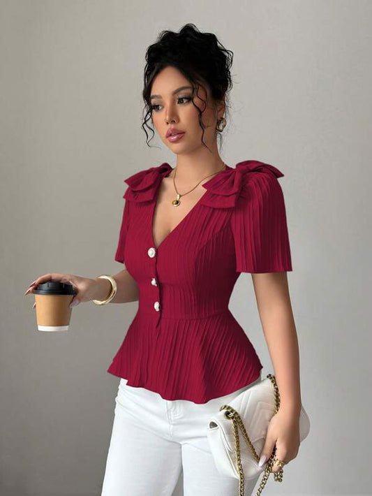 V-Neck Bow Design Button Front Solid Color Shirt