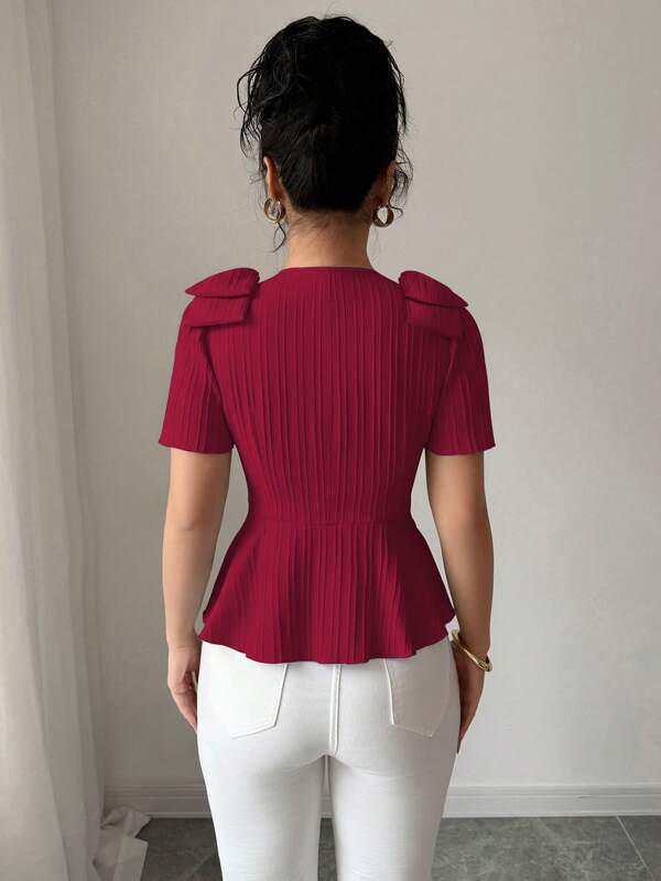 V-Neck Bow Design Button Front Solid Color Shirt