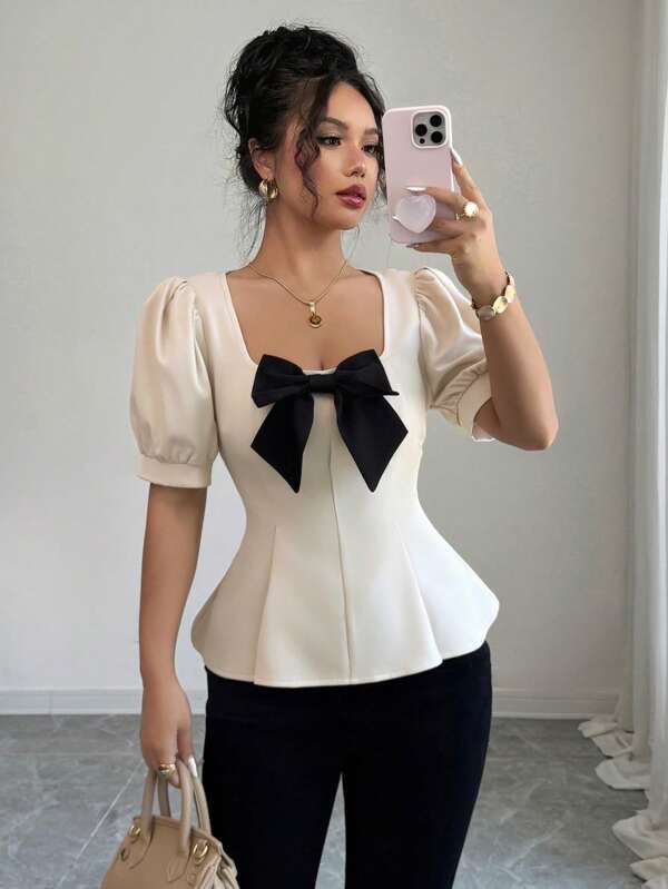 Square Neck Bowknot Decor Puff Sleeve Blouse