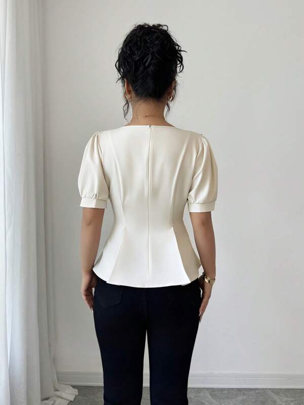 Square Neck Bowknot Decor Puff Sleeve Blouse