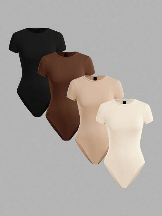 Casual Solid Color Round Neck Short Sleeve Bodysuit