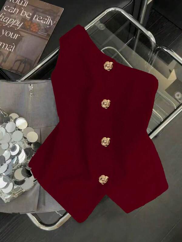 S-Shaped Sexy Oblique Shoulder Metal Buckle Decor Women's Blouse