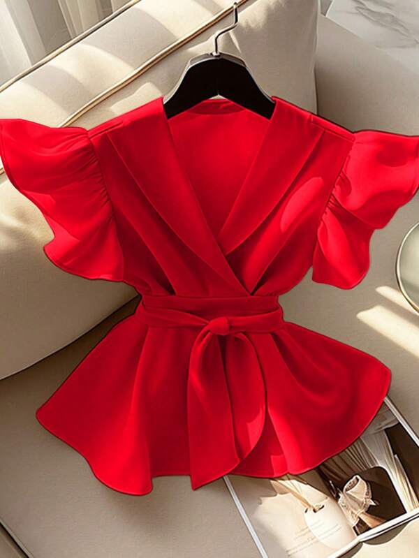V-Neck Solid Ruffle Sleeve Tie Waist Blouse