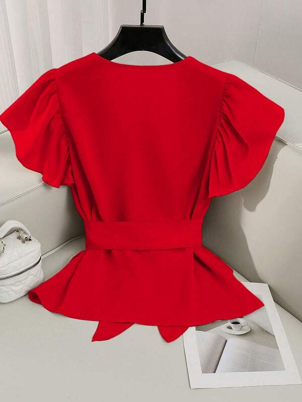 V-Neck Solid Ruffle Sleeve Tie Waist Blouse