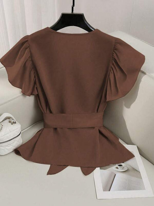 V-Neck Solid Color Ruffle Sleeve Tie Waist Shirt