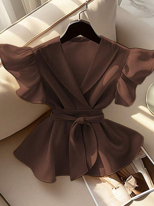 V-Neck Solid Color Ruffle Sleeve Tie Waist Shirt