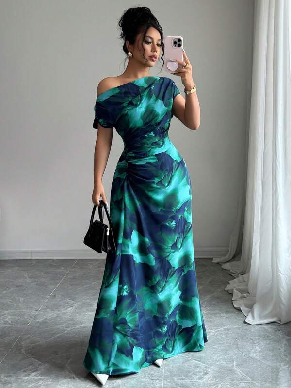 Minimalist Print Asymmetrical Shoulder & Waist Ruched Dress