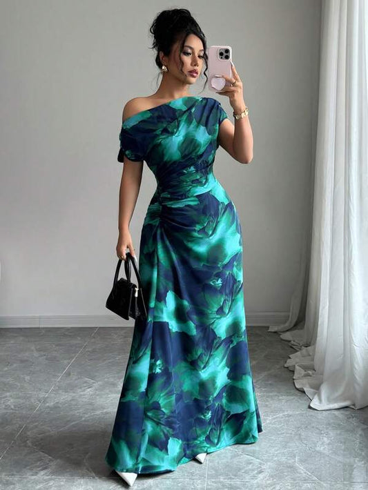 Minimalist Print Asymmetrical Shoulder & Waist Ruched Dress