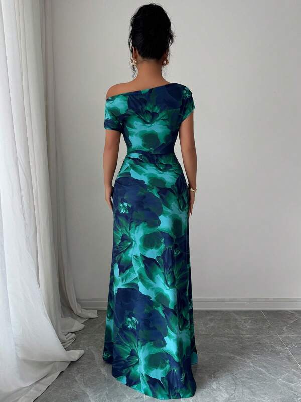 Minimalist Print Asymmetrical Shoulder & Waist Ruched Dress