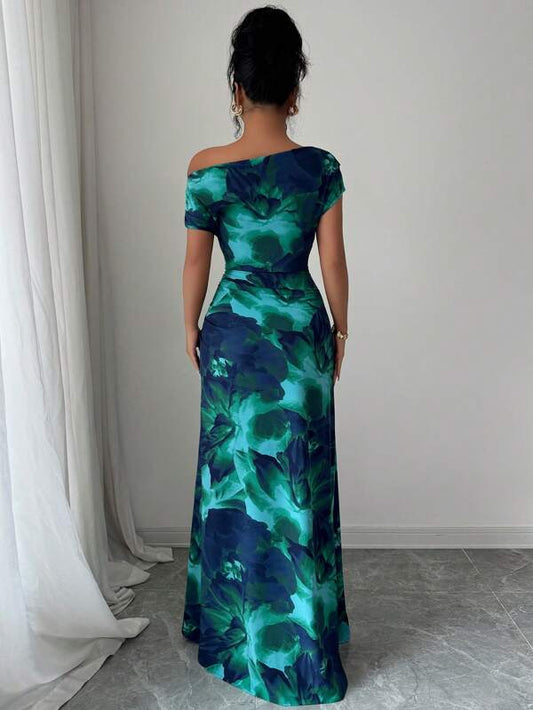 Minimalist Print Asymmetrical Shoulder & Waist Ruched Dress