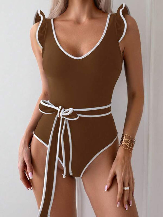 One-Piece Swimsuit With Contrast Trim, Ruffles And Decorative Border