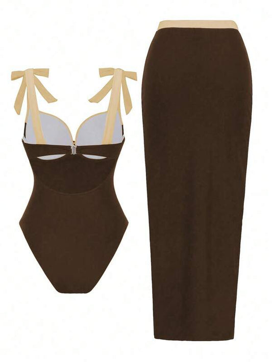 2pcs/Set  Color Strap Push Up Bustier Swimsuit