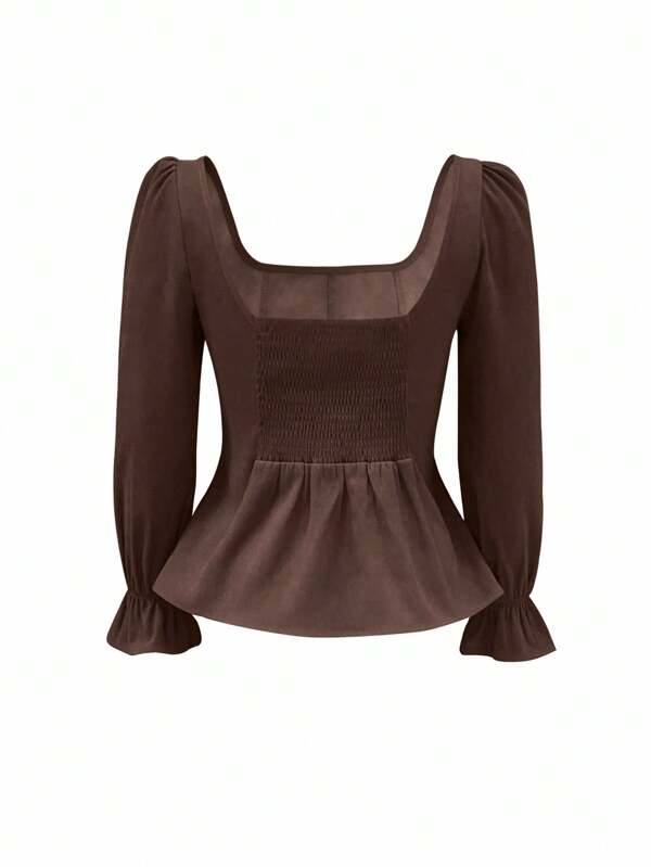 Square Collar Ruffled Hem Long Sleeve Shirt