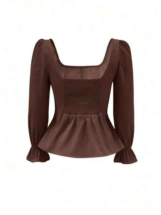 Square Collar Ruffled Hem Long Sleeve Shirt