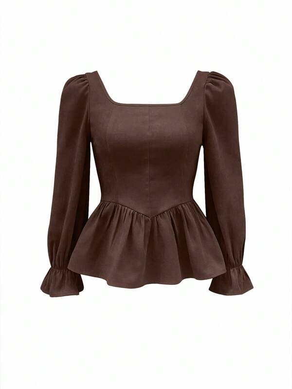 Square Collar Ruffled Hem Long Sleeve Shirt