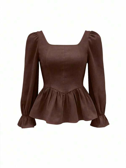 Square Collar Ruffled Hem Long Sleeve Shirt