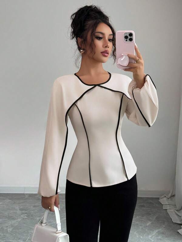 Long Sleeve Contrast Ruffles Blouse