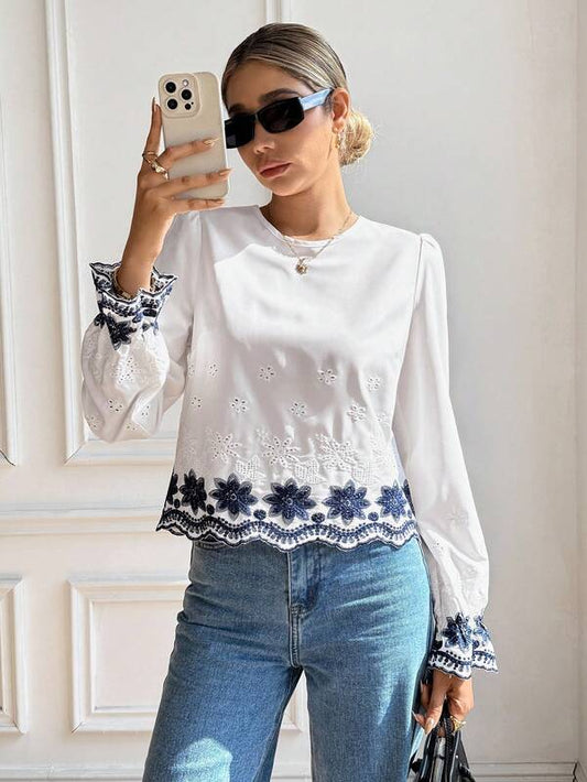 Casual Floral Embroidery Blouse Winter