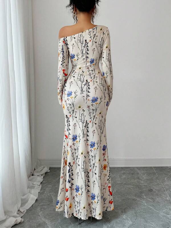 Floral Print Asymmetrical Shoulder Dress