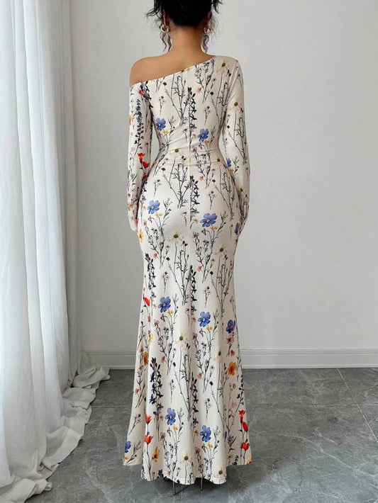 Floral Print Asymmetrical Shoulder Dress