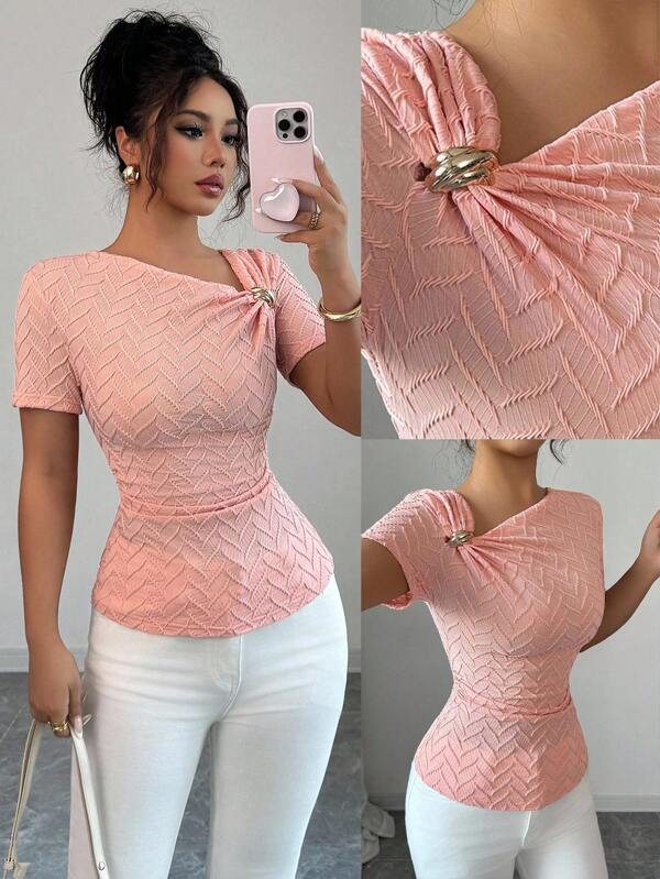 3D Rose Gold Button Decor Short Sleeve T-Shirt