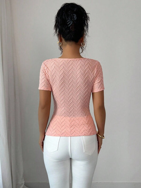 3D Rose Gold Button Decor Short Sleeve T-Shirt