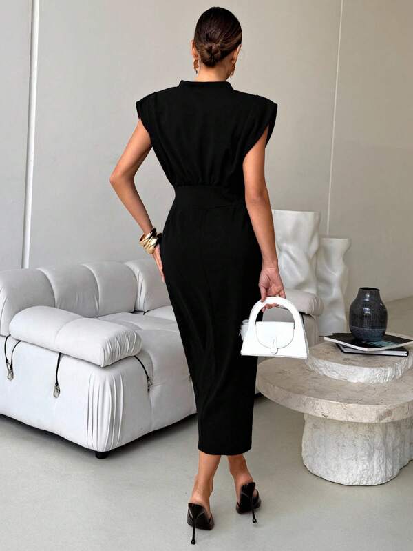 V-Neck Dolman Sleeve Fitted Midi Dress